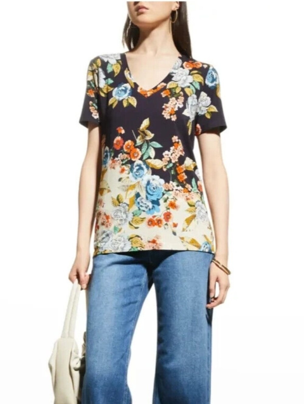 Johnny Was Emma Rose Favorite Floral Print V-Neck Tee T-Shirt, Multi, Size L